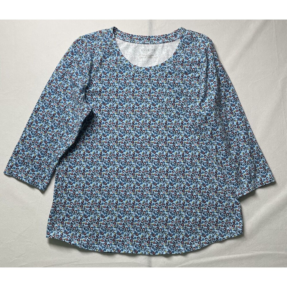 Talbots Womens Knit Top 3/4 Sleeve Floral Blue Pink Cotton Size L